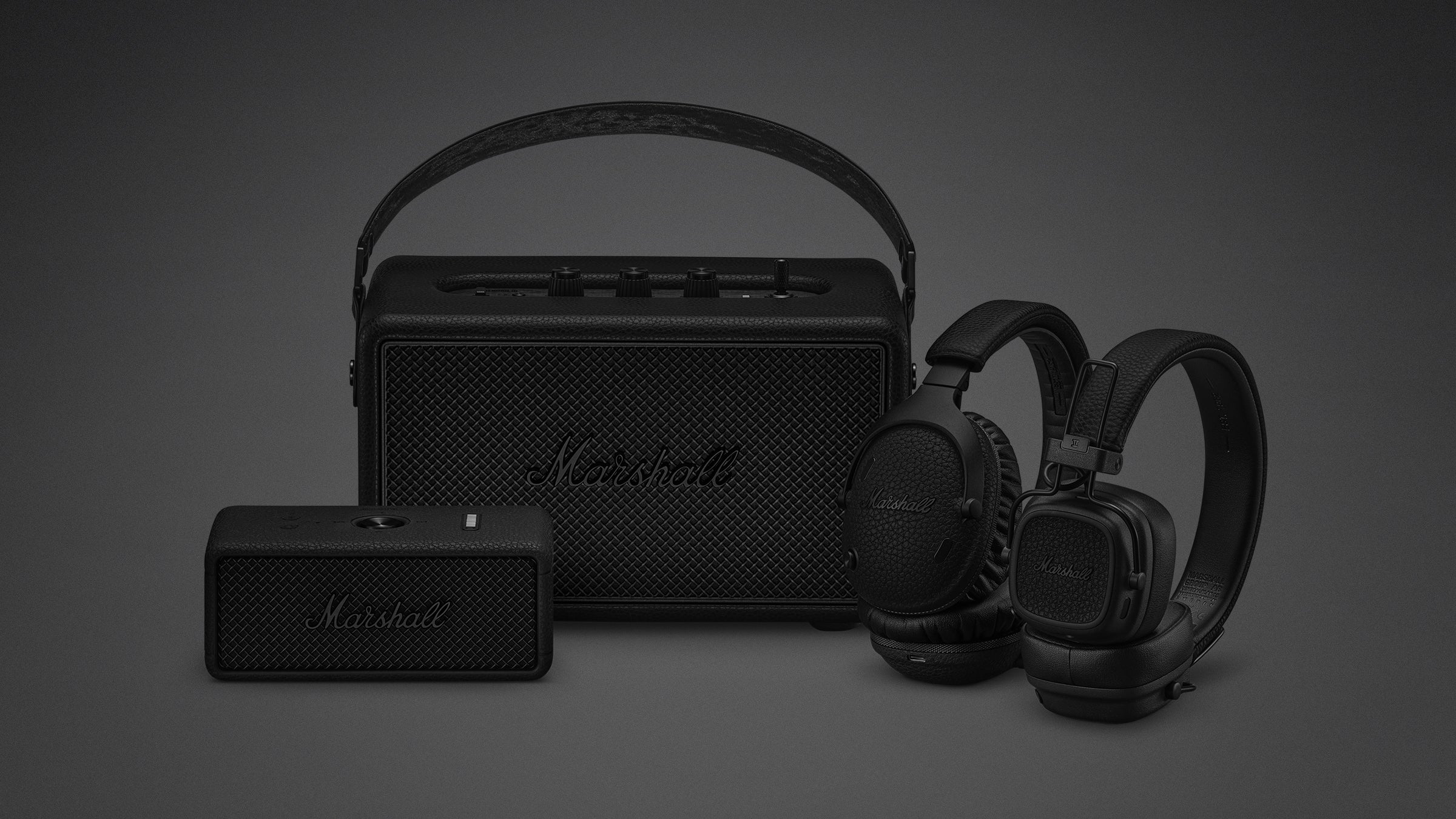 Marshall speakers and headphones in black